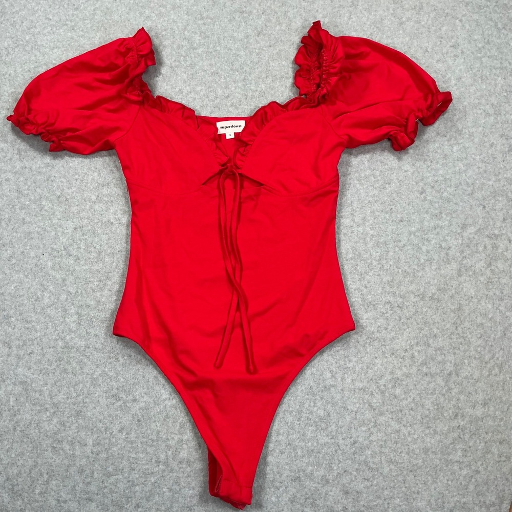 Superdown Red Puff Sleeve Ruffle Sweetheart Neck Bodysuit Small